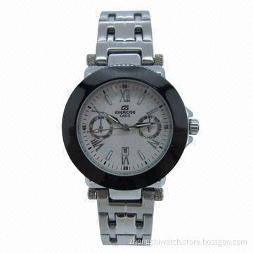 2-tone Black Geneva Style Metal Wristwatch with Slim Case and Stainless Steel Band, Ideal for Women
